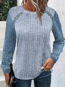 Blusa Feminina Plus Size Azul c/  Manga Raglan e Gola Redonda